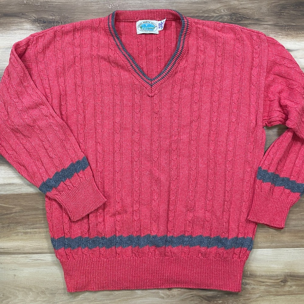 Royal North Mills V-Neck Tennis Sweater Medium Cable Knit Cotton Red Vintage USA